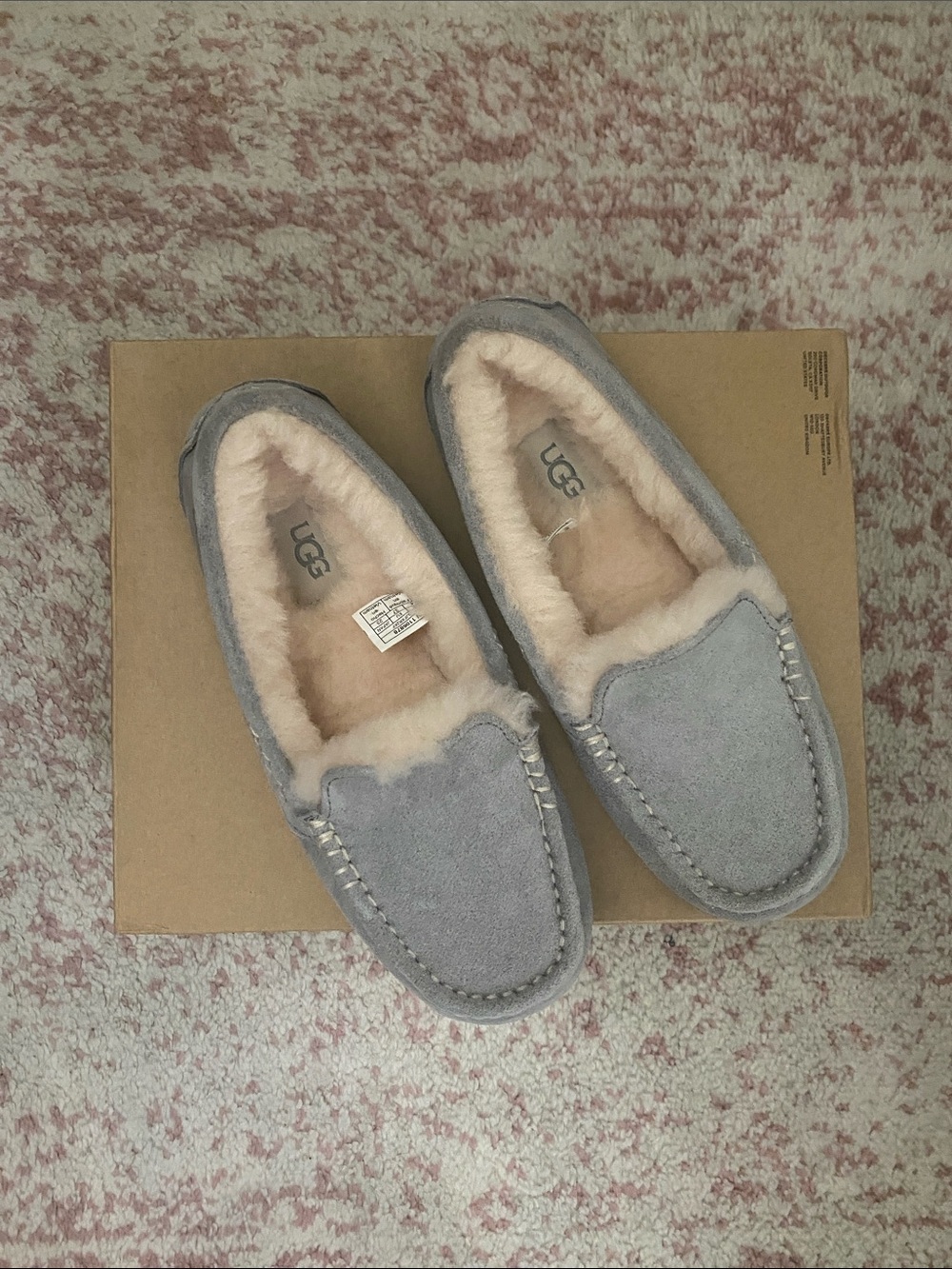 UGG Light Gray Suede Shearling-Lined Moccasin Slippers